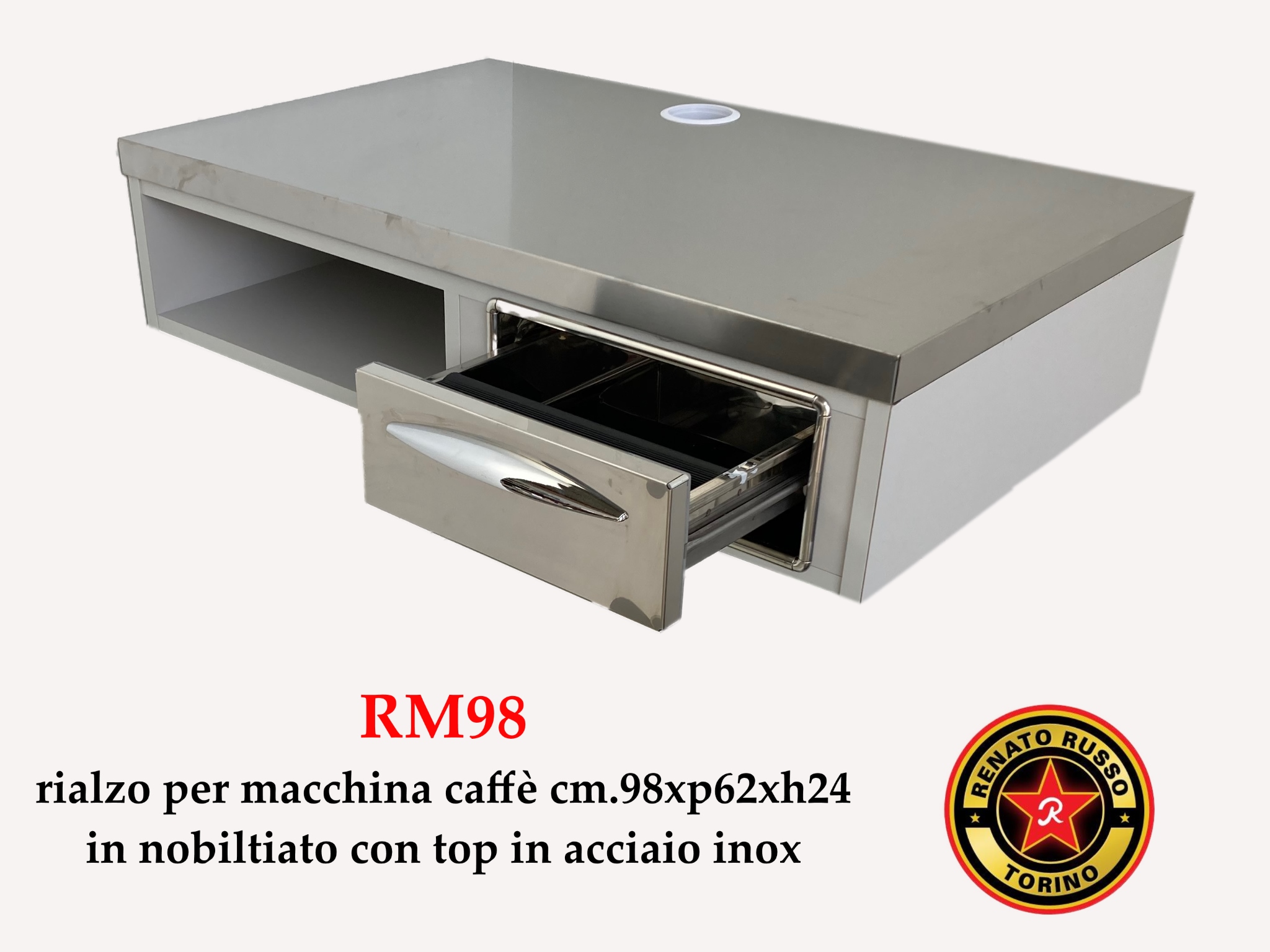 BANCO MACCHINA CAFFE' INOX CON 1 TRAMOGGIA BATTIFONDI, 2 CASSETTI